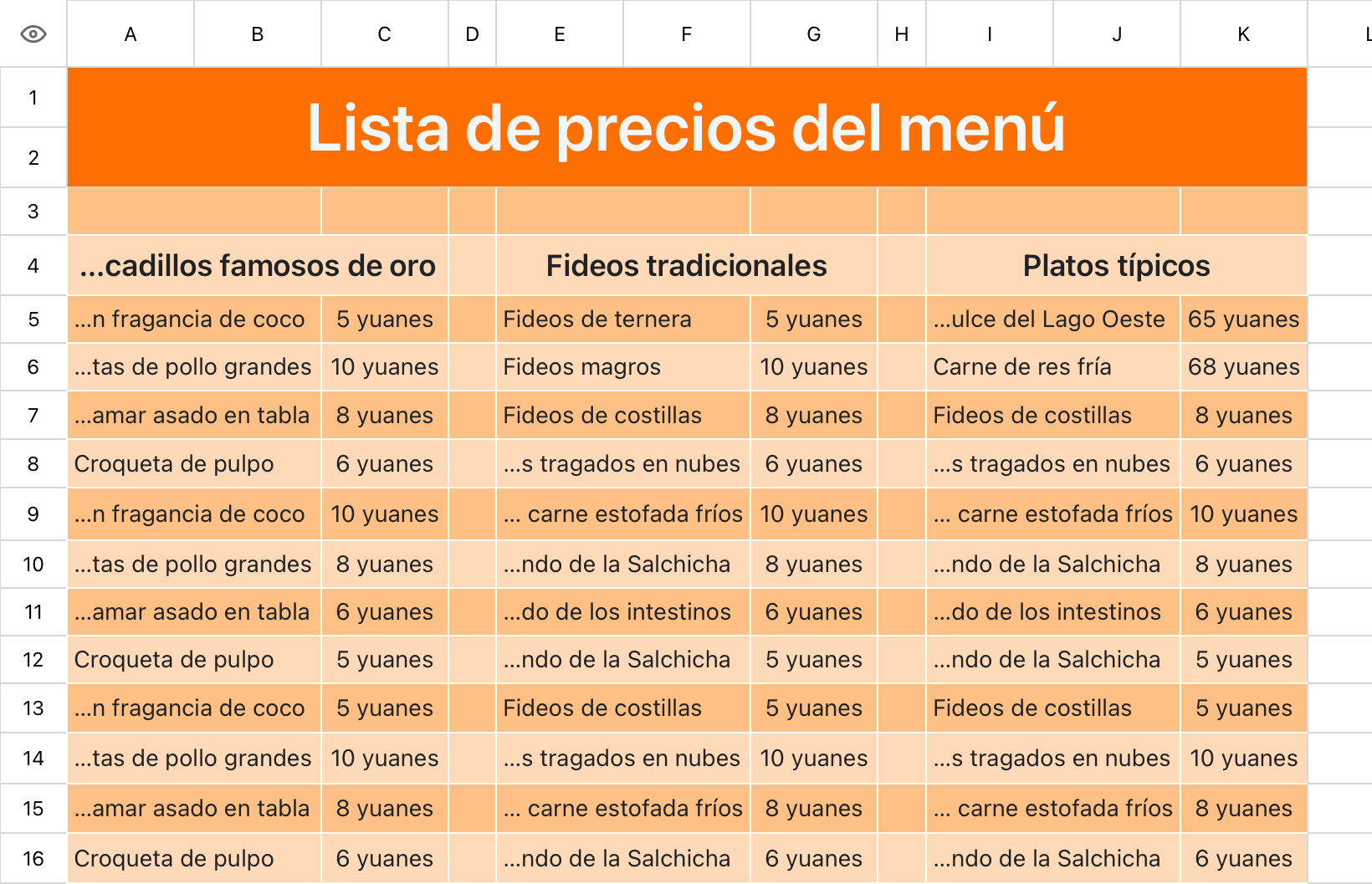 Lista de precios del menú gastronómico